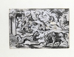 A leopard, an aurochs, a mythical beast, a tortoise, a unicorn, two foxes, and a chamois