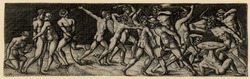 Fight between eleven naked warriors in various contortions