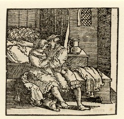 Spinneloccio locked up in a chest, on which his wife and Zeppa are seated