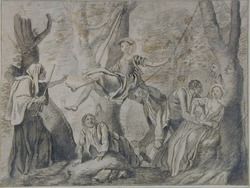 A Girl on a Swing, and two Lovers, watched by an old Hag