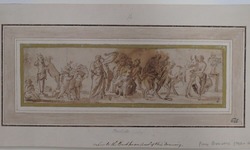 Mythological frieze with a goat licking a statue of Pan, three putti carrying branches, two draped women, Silenus sitting on a panther and supported by a satyr, and a satyr shoeing a donkey