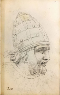 A head of a warrior seen in profile to right, after a relief on the Trajan Column