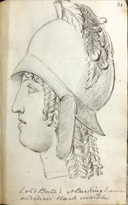 A male head wearing an helmet, seen in profile to left