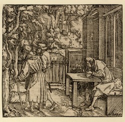 A man sitting at a table while his friends go away