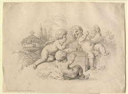 Three putti, playing with a pet bird