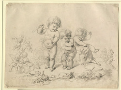 Three putti playing with a goat