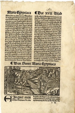 Mary the Egyptian crossing the Jordan, surrounded by Dutch letterpress, illustration to an unidentified edition of De Gulden Legende or Golden Legend