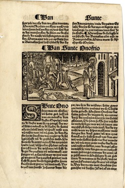 Saint Onuphrius, surrounded by Dutch letterpress, illustration to an unidentified edition of De Gulden Legende or Golden Legend