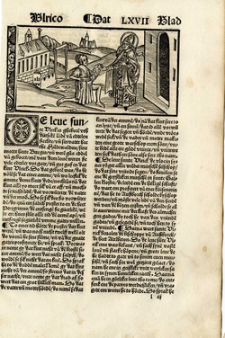 Saint Ulric, surrounded by Dutch letterpress, illustration to an unidentified edition of De Gulden Legende or Golden Legend