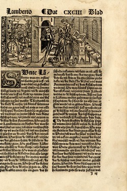 Recto: Saint Lambert, surrounded by Dutch letterpress, illustration to an unidentified edition of De Gulden Legende or Golden Legend
Verso: Saint Matthew
