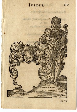 Recto: Empty shield, on the right a man playing a viola da gamba
Verso: Latin and Greek text