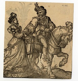 Recto: A Mounted Gentleman Holding a Lady's Hand
Verso: A Woman with a Branch and a Blank Escutcheon