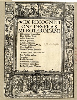 Title-page border with scenes of courtly life with Virtues and Vices below