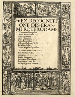 Title-page border with scenes of courtly life with Virtues and Vices below