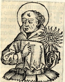 Saint pointing at the Christogram