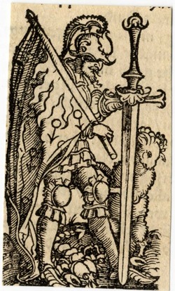 Mars in full armour, with a flag, a sword and a ram next to him