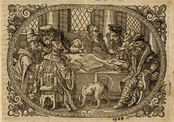 Recto: Seven learned men seated around a table discussing two books, a dog sniffing underneath the table at centre
Verso: Title-page