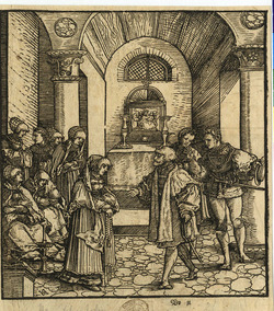Recto: Women and men in a chapel
Verso: Doctor amputating a man's leg
