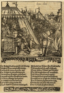 Recto: Mucius Scaevola in front of Porsenna
Verso: A Man being tempted by the Devil in a wood