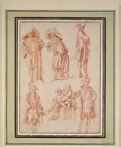 Two studies of the doctor in the Italian Comedy and four of officers, three standing, one seated
