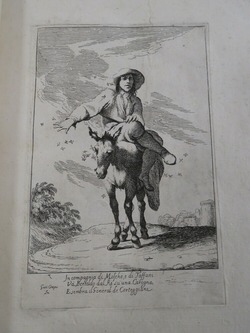 Plate 1: Bertoldo riding on a donkey, from the set of 20 etchings of Bertoldo e Bertoldini
