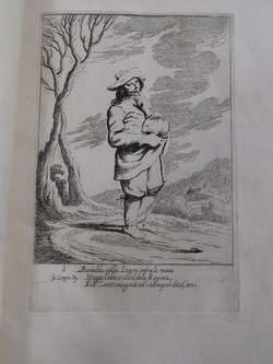 Plate 3: Bertoldo walks carrying a hare in his right hand, from the set of 20 etchings of Bertoldo e Bertoldini