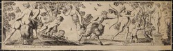Frieze-like composition with, from left to right, two nude figures supporting a third figure riding a goat, a satyr shooting arrows, Mercury, and a statue of a female divinity on a pedestal