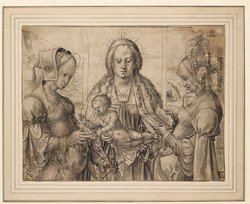 The Mystic Marriage of St Catherine | The Virgin Mary in the centre, with St Catherine on the left and St Barbara on the right, the Christ Child handing a ring to St Catherine (descriptive)