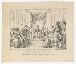 Songe de Poliphile: a throne room with a man in classical armour kneeling before the Queen, seated enthroned at centre, with women on either side