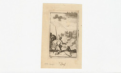 A Christian cavalryman, his horse to the left and his shield and helmet beside him on the ground, half-kneeling as he looks towards Jerusalem under siege distant right