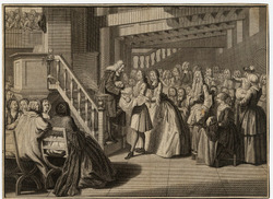 A representation of baptism in a Protestant church: the pastor, standing at the bottom of the steps leading to his pulpit, pours water on the baby held by his father