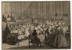 A representation of Holy Communion in a Protestant church: with women sitting around a long table and sharing the bread and the wine