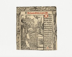 Verso: unidentified female saint seated reading a bible next to a church (descriptive)