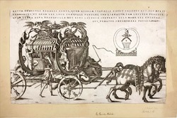 State-coach, in the form of a tunnel, decorated with satyrs, sirens and lions, and pulled by two horses: Novvm vehicvli regalis genvs
