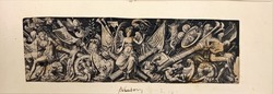 Plate 3. Frieze on dark background with winged Victory holding palm leaves and laurel wreath, sitting among military trophies, with prisoners on each side