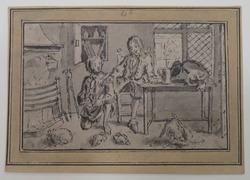 A servant Boy polishing the Shoes of another Boy, in front of a Stove where a Cat is crouching