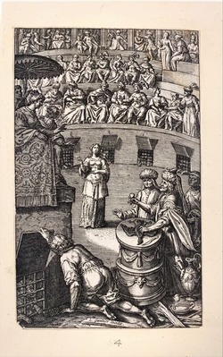 An amphitheatre with an audience waiting expectantly on a row of benches.  In the centre a woman waits to be sacrificed by being devoured by lions.  Several lions are seen behind barred gates, one of which, left foreground, is being opened by a kneeling man.  To the left a woman seated on high under a parasol is overseeing proceedings.  In the right foreground two turbaned figures appear to bang an elaborate drum.