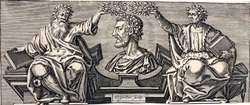 Pierre de Ronsard in profile being crowned with laurel wreaths by Homer (left) and Virgil (right): the sheet has been cut leaving only the upper part
