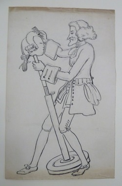 A Man tilting back a wig Stand and combing a Wig