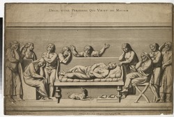 Roman sarcophagus representing a wake with the deceased lying on a bed at centre, surrounded by mourners