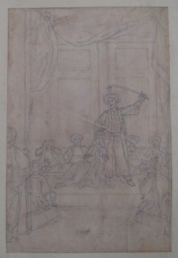 An Eastern Potentate about to behead a Woman in the presence of six seated Men