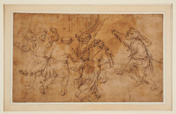 Peasants dancing | Peasants dancing, four couples dancing in foreground, the man on right carrying a sword, some drapery hanging from above at centre and a wooden shutter at centre background (descriptive)