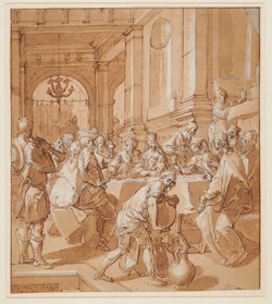 The Marriage Feast at Cana | Jesus Christ and the Virgin Mary are seated in a spacious hall on extreme right, at a table around which numerous other guests are gathered, with a musician blowing a wind instrument stands in left foreground and a servant lifting one of six pitchers of wine in centre foreground, a figure standing behind a curtain at left background (descriptive)