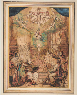 Design for an Altarpiece | Interior of a church with spiral columns, the four Evangelists in centre foreground, the fathers of the church grouped around an altar in centre background, with a monstrance on the altar forming the centre of the composition, Jesus Christ on the Cross among clouds at upper centre, surrounded by angels (descriptive)