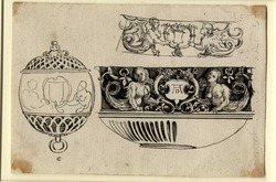 Three designs for a filigree box pendant with two sirens holding a shield