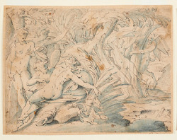 Nymphs and a Satyr, possibly Pan and Syrinx | In the foreground a group of nymphs looking at a nymph who is being chased by a satyr represented at right background (descriptive)