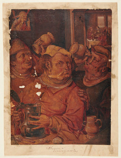 Three Men drinking in a Tavern with Musicians behind