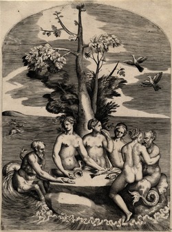 Four nymphs and two sea gods sitting at a table
