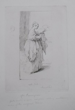 A full-length figure of a lady proceeding towards the right