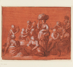 Group of fifteen figures, among them mothers and three babies